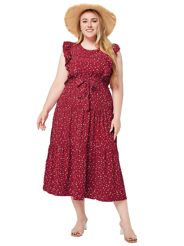 Plus Size Red 1940s Ruffle Polka Dot Swing Dress, vintage dress, retro fashion, rockabilly, pin-up fashion - perfect for women who love vintage and retro fashion
