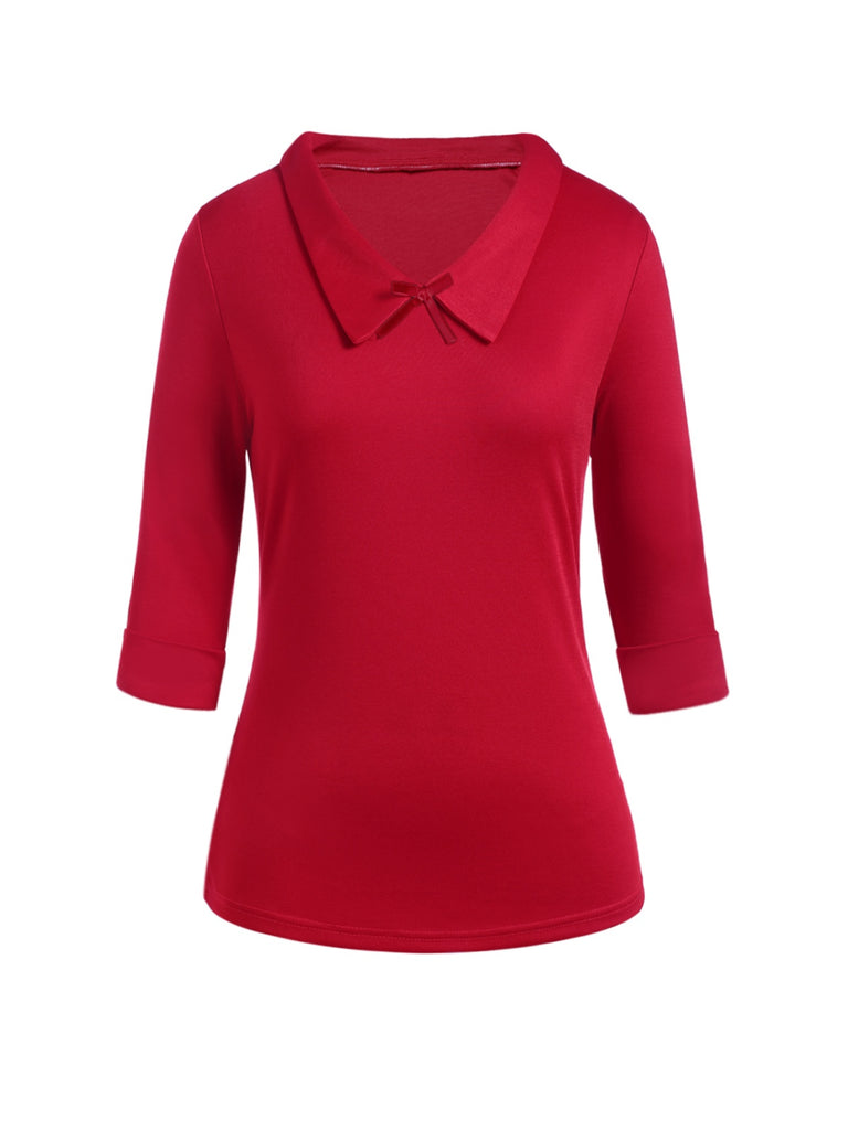 Red 1940s Solid Half Sleeves Lapel Top - vintage fashion, retro style, elegant red