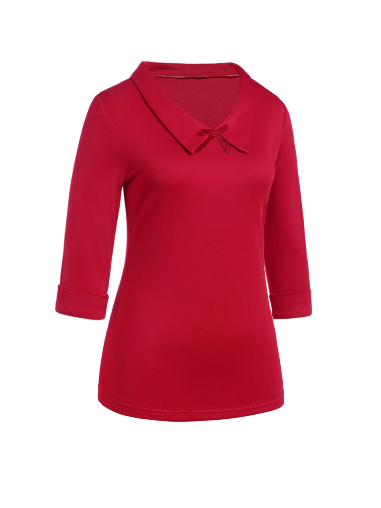 Red 1940s Solid Half Sleeves Lapel Top - vintage fashion, retro style, elegant red