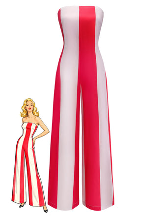 Red 1940s Striped Strapless Wide-Leg Jumpsuit - vintage romper, retro jumpsuit for vintage lovers