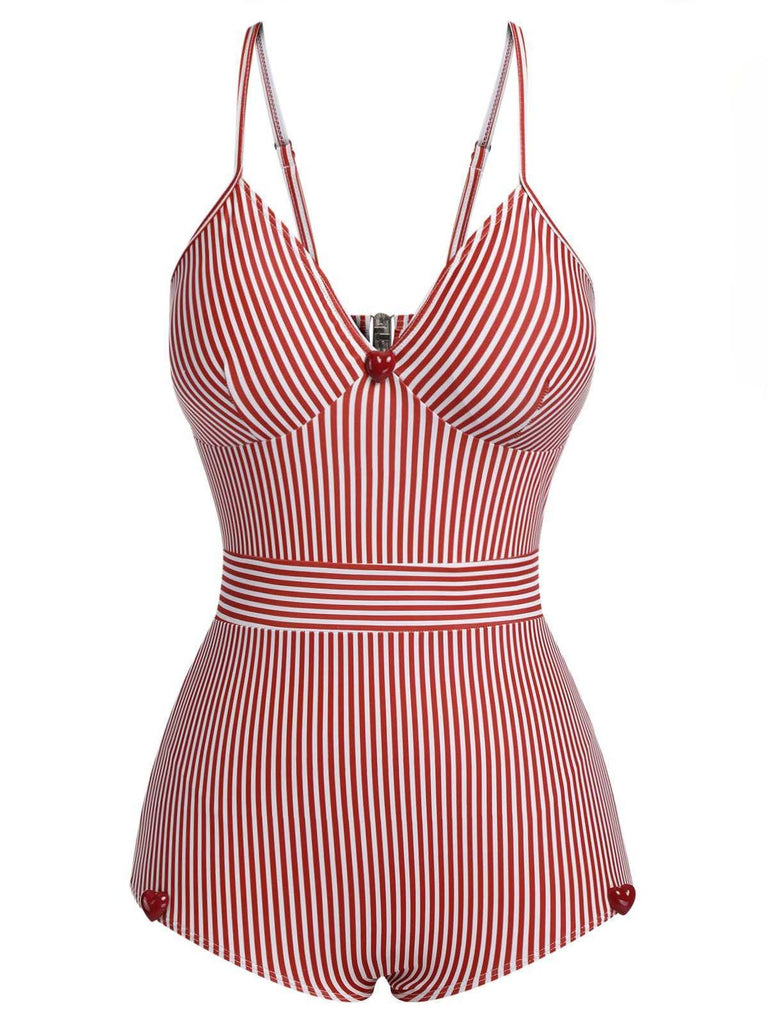 Red 1940s Spaghetti Strap Stripes One-Piece Swimsuit: 1940s Riviera elegance, reimagined for her