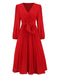 She slips into this Red 1940s V-Neck Solid Pleated Dress and suddenly it's a 1940s daydream