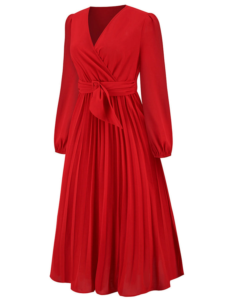Red 1940s V-Neck Solid Pleated Dress: where 1940s romance meets her modern spirit