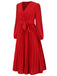 Red 1940s V-Neck Solid Pleated Dress: where 1940s romance meets her modern spirit
