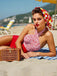 Red 1950s Apple Plaid Wrapped Swimsuit: 1950s Riviera elegance, reimagined for her