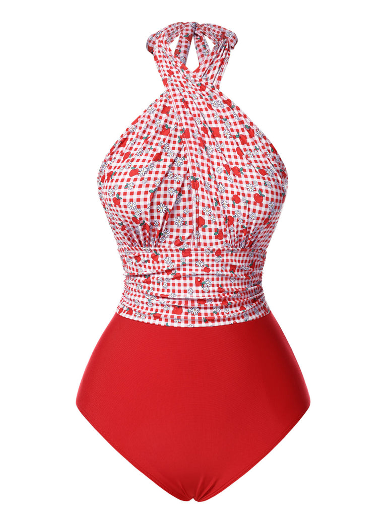 Red 1950s Apple Plaid Wrapped Swimsuit — because 1950s glamour never goes out of style