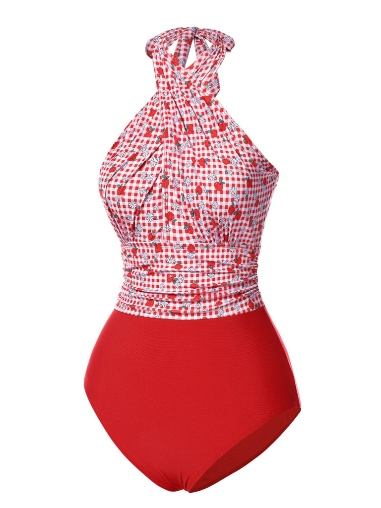 Red 1950s Apple Plaid Wrapped Swimsuit — 1950s poolside glamour meets sun-drenched confidence