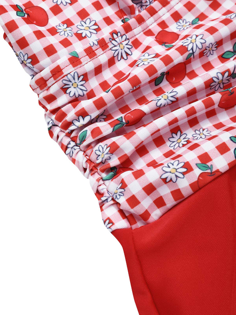 Red 1950s Apple Plaid Wrapped Swimsuit: 1950s Riviera elegance, reimagined for her