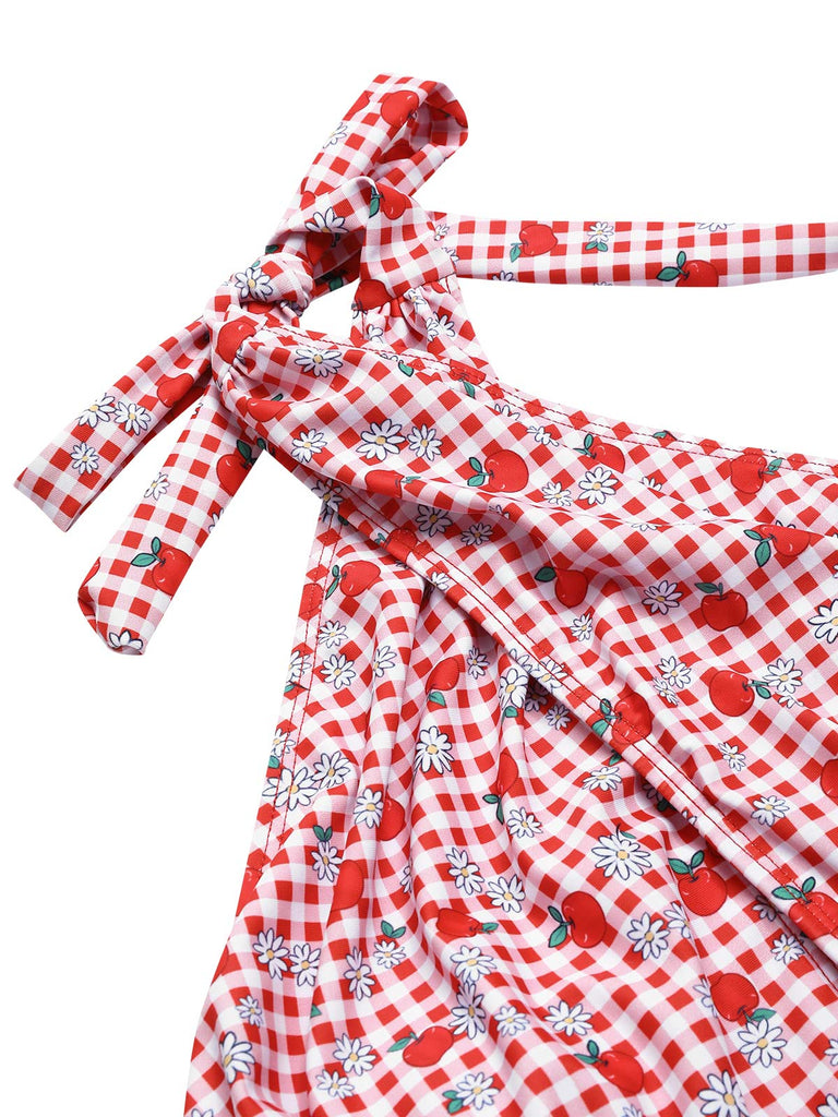This Red 1950s Apple Plaid Wrapped Swimsuit carries 1950s vacation dreams in every stitch