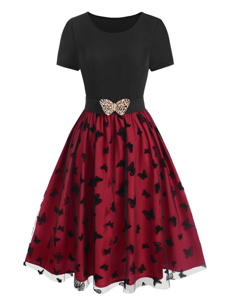 mesh patchwork feather design dress Red 1950s Butterfly Embroidered Mesh Patchwork Dress