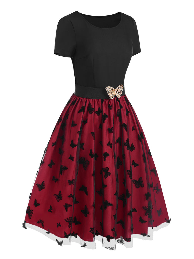 Red 1950s Butterfly Embroidered Mesh Patchwork Dress