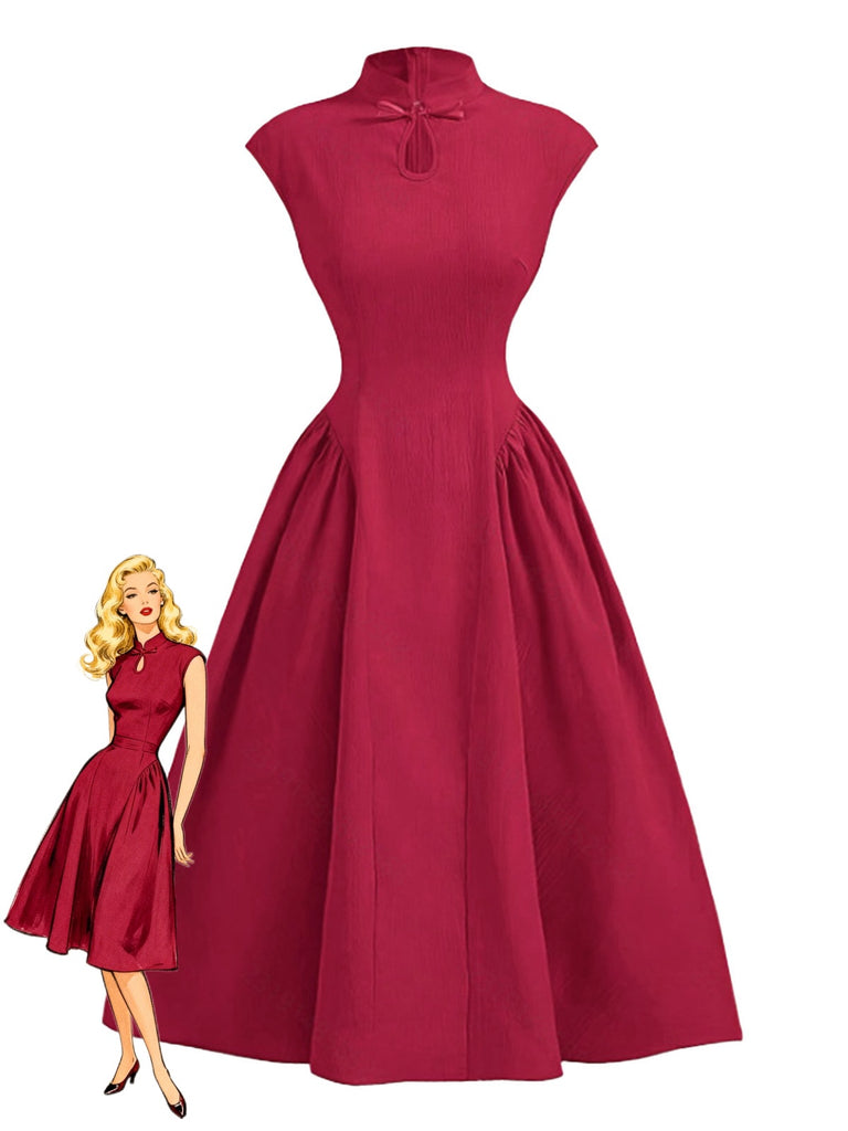 Red 1950s Cap Sleeve Stand Collar A-line Dress - vintage dress, retro fashion, rockabilly