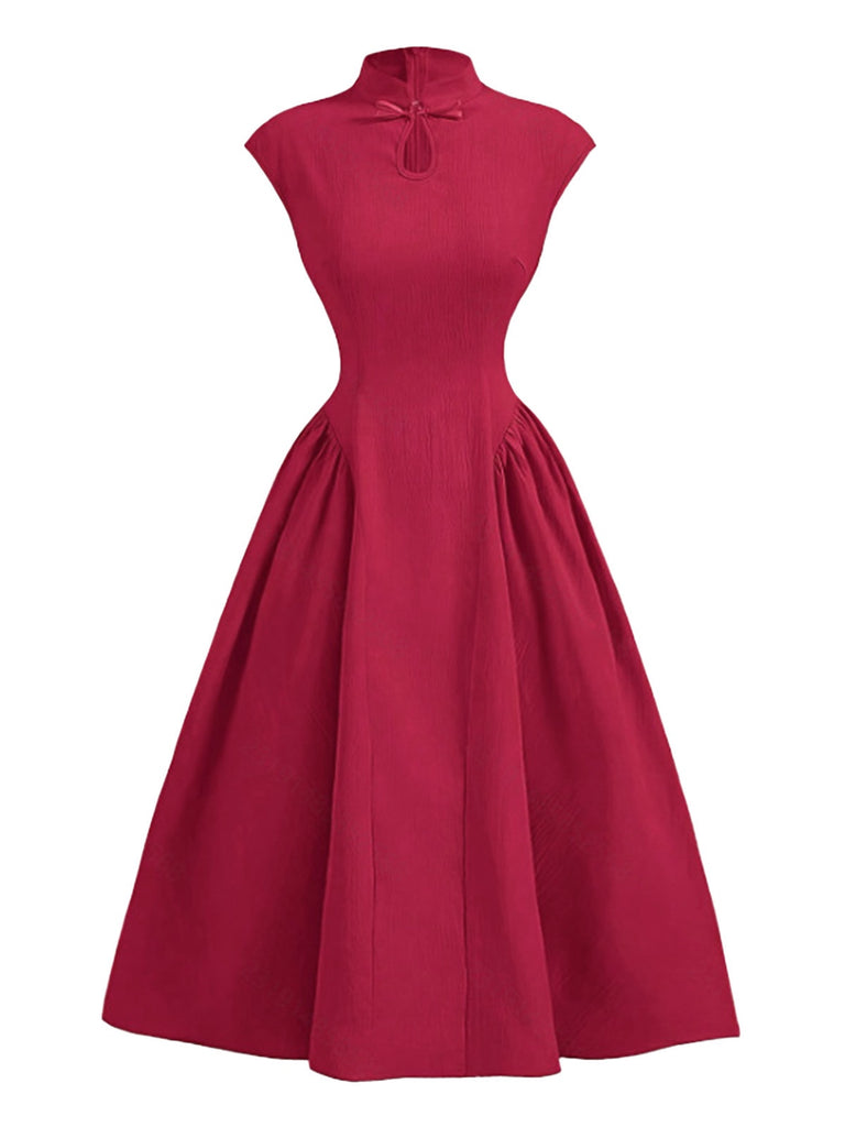 Red 1950s Cap Sleeve Stand Collar A-line Dress - vintage dress, retro fashion, rockabilly