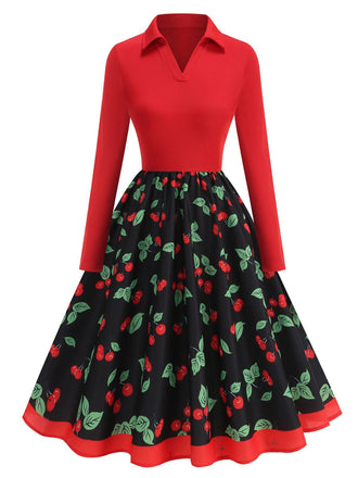 Red 1950s Cherry Print Long Sleeve Swing Dress - vintage dress, retro fashion, rockabilly