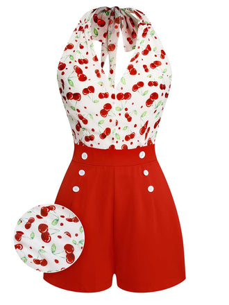 She finds her 1950s story in this Red 1950s Cherry V-Neck Halter Lace-Up Romper