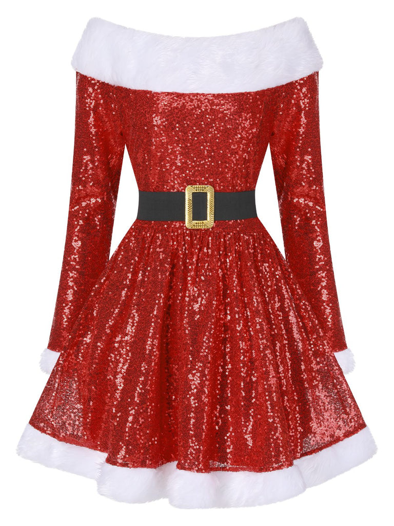 Red 1950s Christmas Off Shoulder Fur Belted Dress - vintage dress, retro fashion, rockabilly