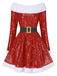 Red 1950s Christmas Off Shoulder Fur Belted Dress - vintage dress, retro fashion, rockabilly