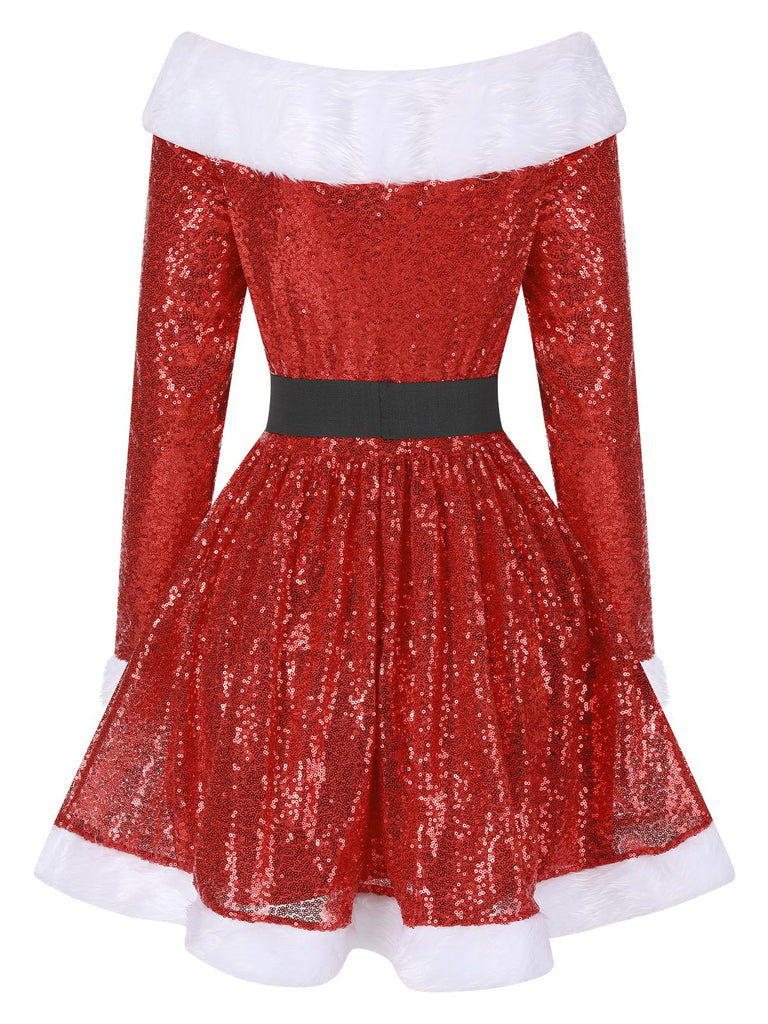 Red 1950s Christmas Off Shoulder Fur Belted Dress - vintage dress, retro fashion, rockabilly