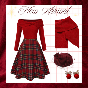 She slips into this Red 1950s Christmas Off Shoulder Tartan Dress and suddenly it's a 1950s daydream