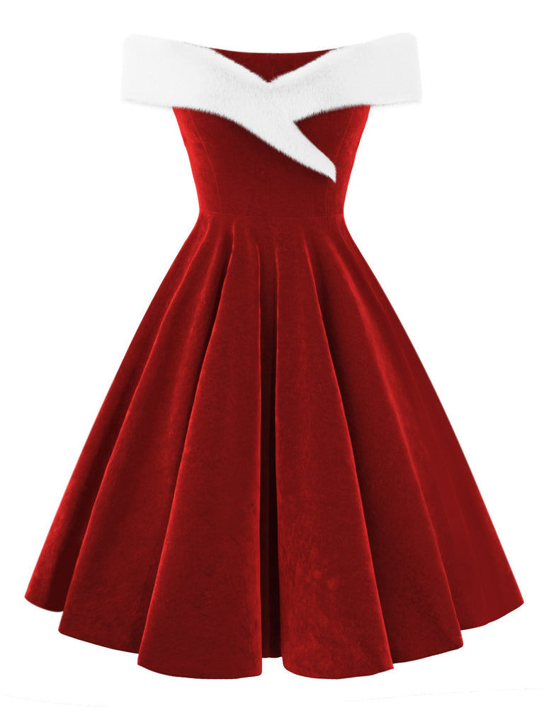 white christmas dresses Christmas Red Off Shoulder Velvet 1950s Vintage Swing Dress, Red / XL main image 1
