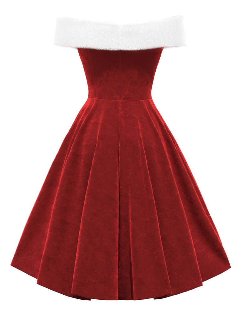 velvet dress short red Santa Claus Fancy Christmas Dress Red Velvet Off-Shoulder Dress with White Faux Fur Trim