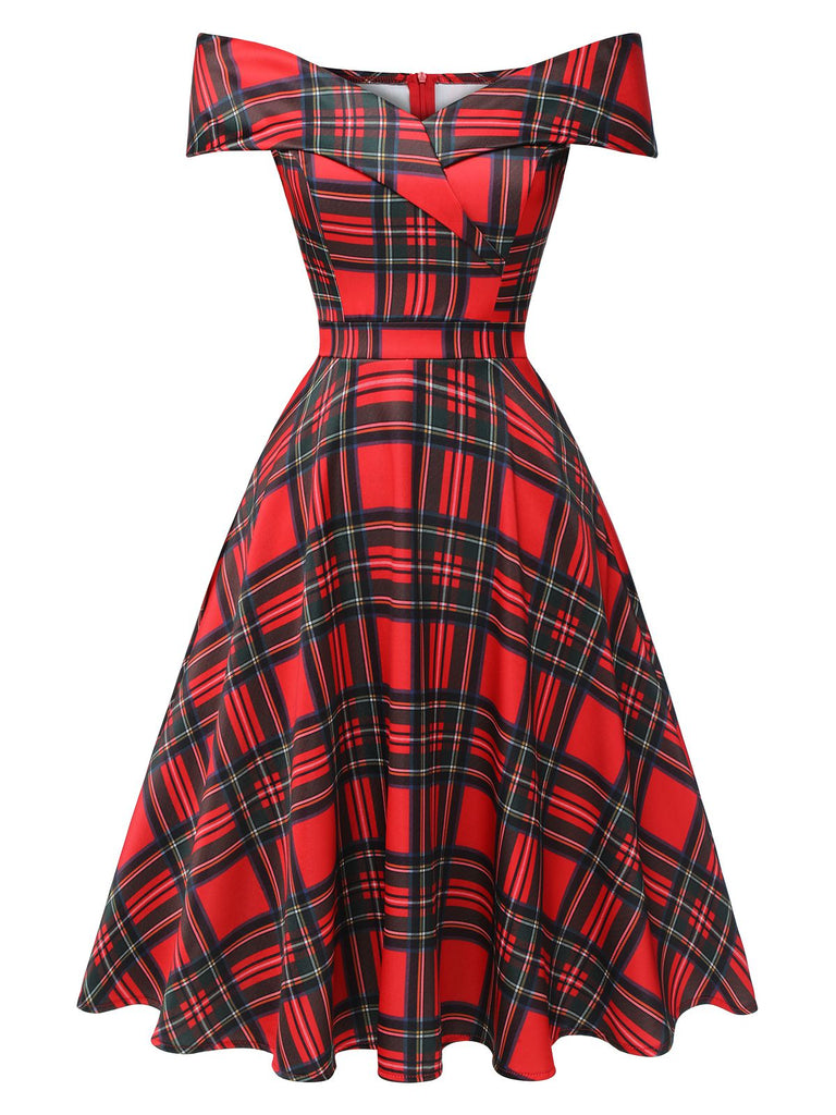1950s Christmas Plaid OffShoulder Dress | 1950s | vintage dress, retro fashion