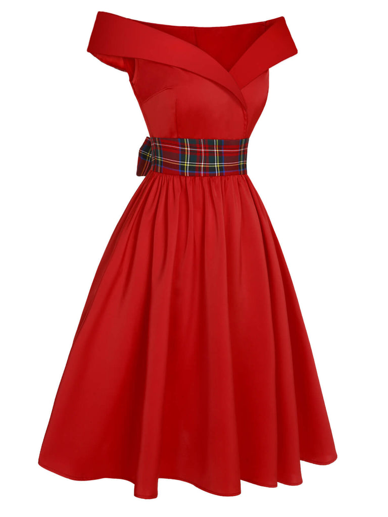 1950s Christmas Plaids Off-Shoulder Dress Red