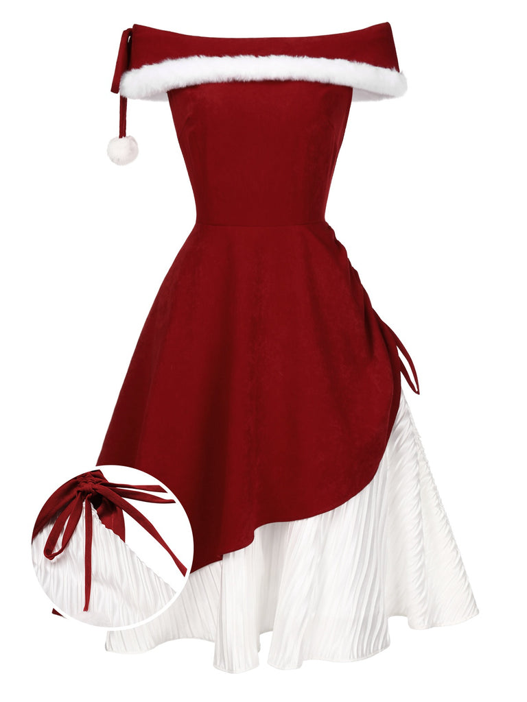 Red 1950s Christmas Plush Off-Shoulder Dress Red 1950s Christmas Plush Off-Shoulder Dress