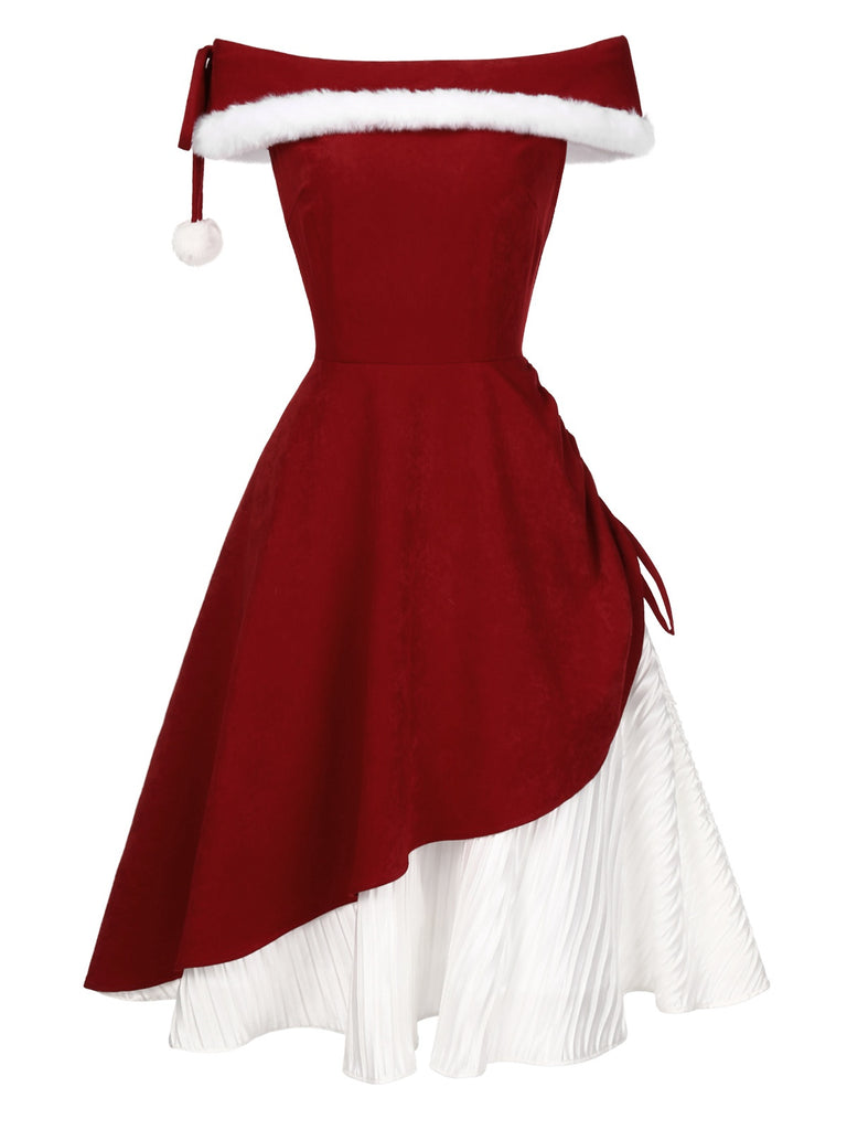 Red 1950s Christmas Plush Off-Shoulder Dress, vintage dress, retro fashion, rockabilly, pin-up fashion - perfect for women who love vintage and retro fashion