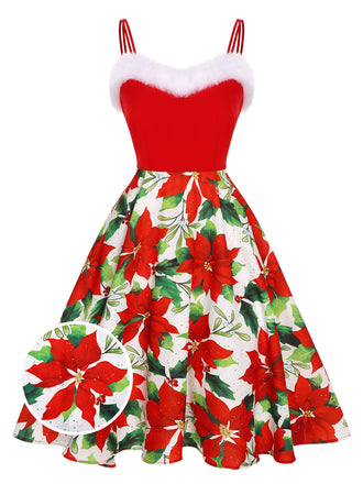 Red 1950s Christmas Poinsettia Shaggy Trimmed Dress, vintage dress, retro fashion, rockabilly, pin-up fashion - perfect for women who love vintage and retro fashion