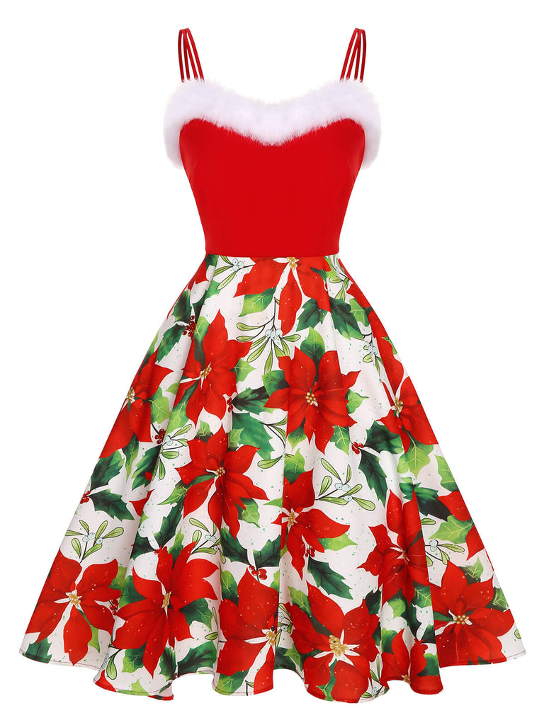 women's red christmas dress Retro Stage Red Christmas Faux‐Fur Sweetheart Poinsettia Print Swing Dress