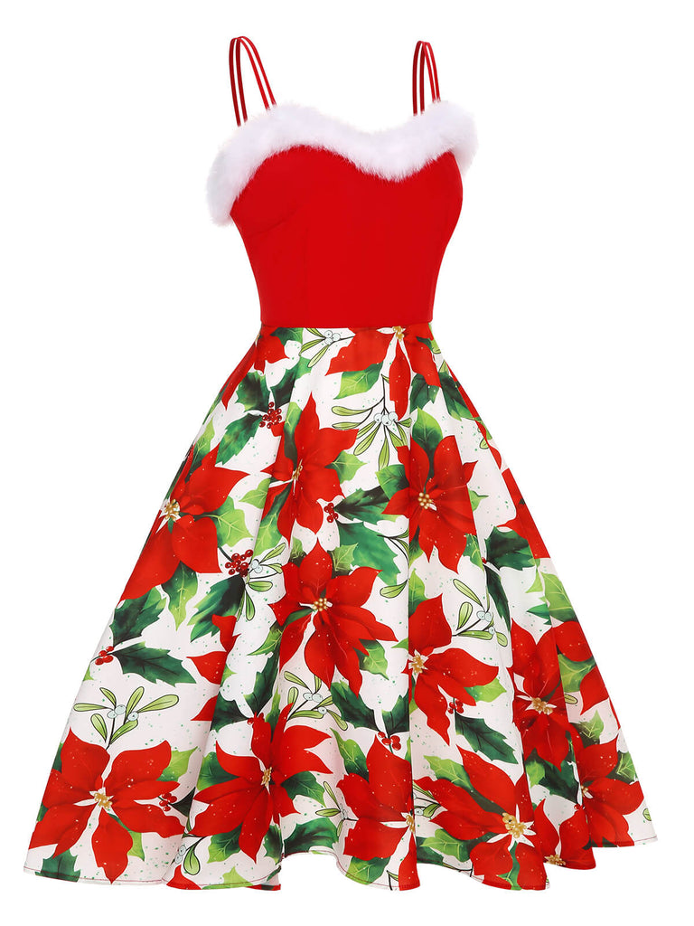 Retro Stage Red Christmas Faux‐Fur Sweetheart Poinsettia Print Swing Dress Retro Stage Red Christmas Faux‐Fur Sweetheart Poinsettia Print Swing Dress