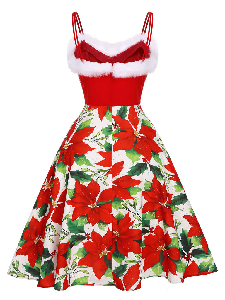 Retro Stage Red Christmas Faux‐Fur Sweetheart Poinsettia Print Swing Dress