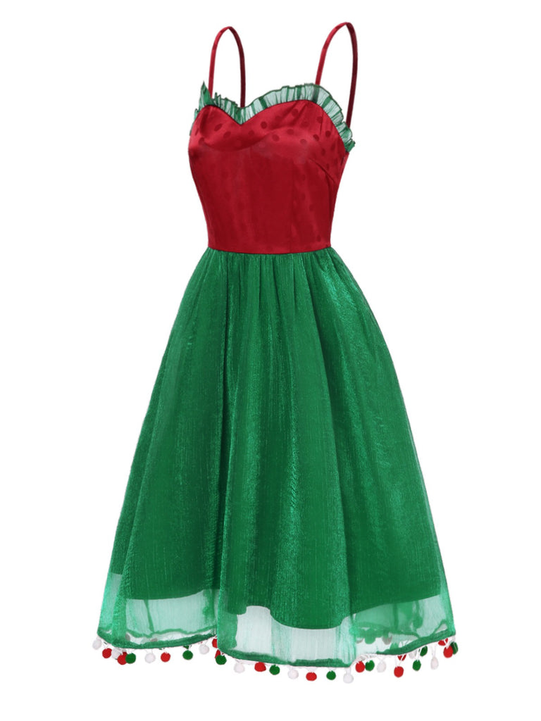 Christmas Red Green Pom Pom Dress | Women's Vintage Sweetheart Neck A-Line Holiday Dress Christmas Red Green Pom Pom Dress | Women's Vintage Sweetheart Neck A-Line Holiday Dress