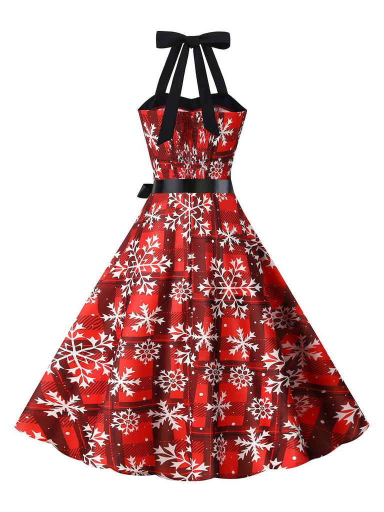 Red 1950s Christmas Snowflake Halter Swing Dress: where 1950s romance meets her modern spirit