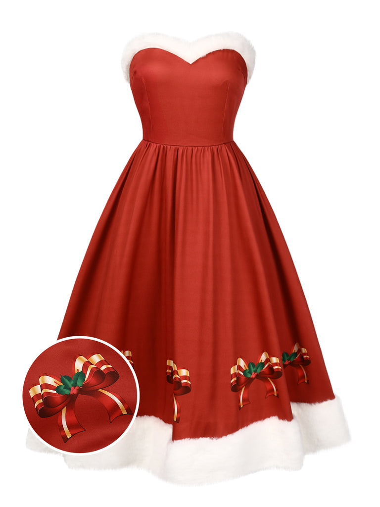 Red 1950s Christmas Strapless Bow Fur Trim Dress Red 1950s Christmas Strapless Bow Fur Trim Dress