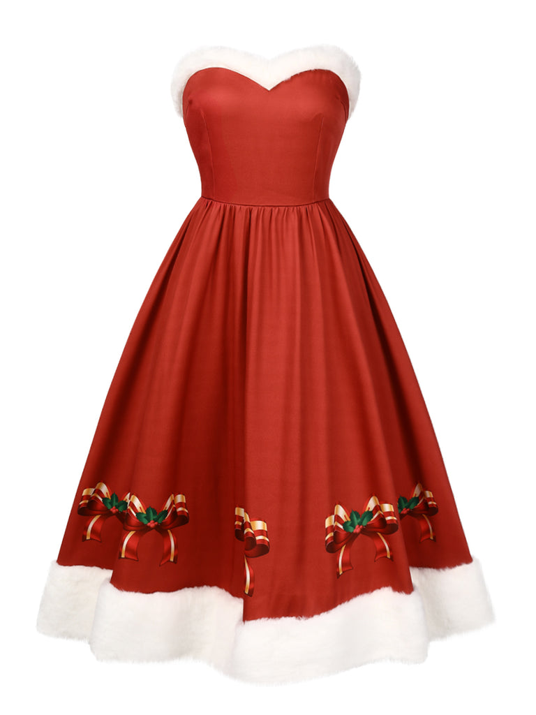 Red 1950s Christmas Strapless Bow Fur Trim Dress | Retro Stage Red 1950s Christmas Strapless Bow Fur Trim Dress | Retro Stage