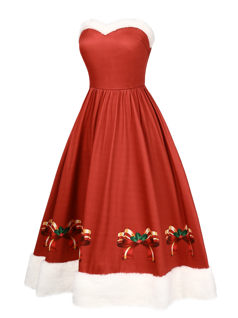 Red 1950s Christmas Strapless Bow Fur Trim Dress | Retro Stage Red 1950s Christmas Strapless Bow Fur Trim Dress | Retro Stage