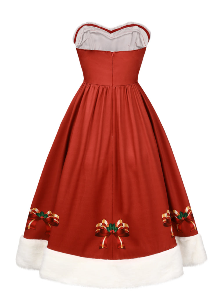 white christmas dresses Red 1950s Christmas Strapless Bow Fur Trim Dress