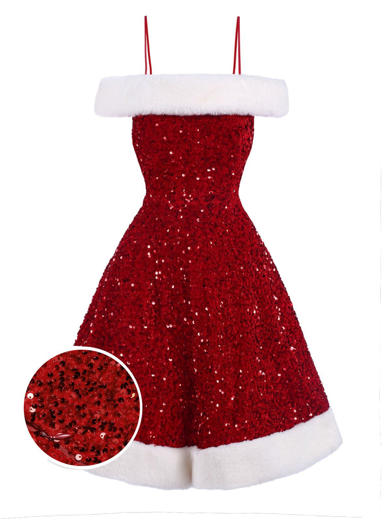 Christmas Dress A-line Cold-Shoulder Furry Sequined Dress Red