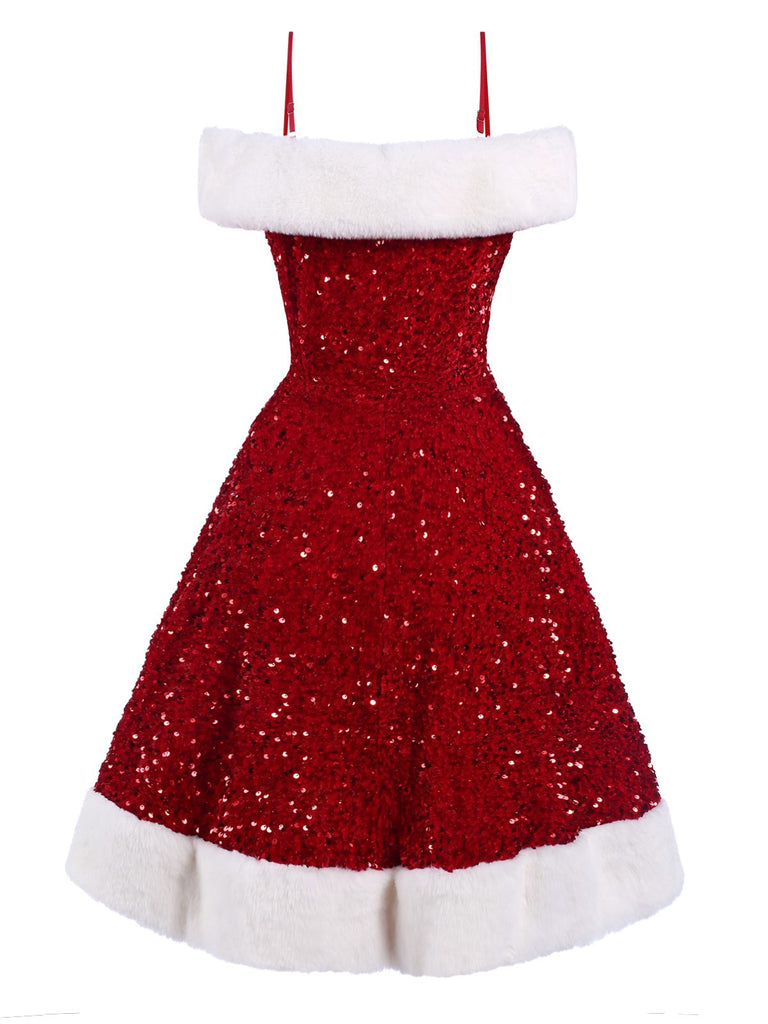 Red 1950s Cold-Shoulder Furry Sequined Dress, vintage dress, retro fashion, rockabilly, pin-up fashion - perfect for women who love vintage and retro fashion