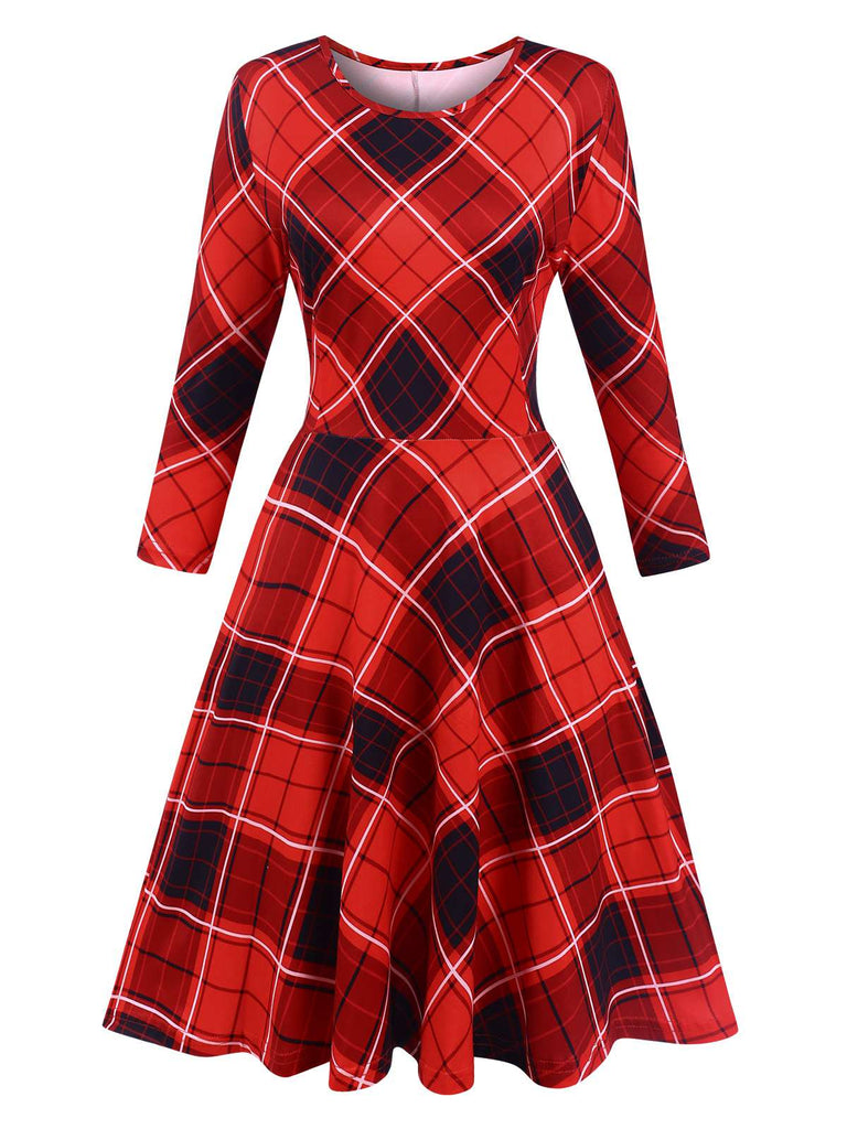 Red 1950s Crew Neck Plaid Half Sleeve Dress, vintage dress, retro fashion, rockabilly, pin-up fashion - perfect for women who love vintage and retro fashion