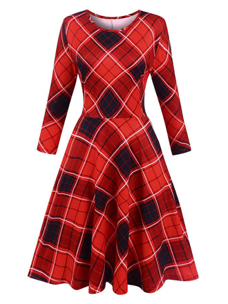 Red 1950s Crew Neck Plaid Half Sleeve Dress, vintage dress, retro fashion, rockabilly, pin-up fashion - perfect for women who love vintage and retro fashion