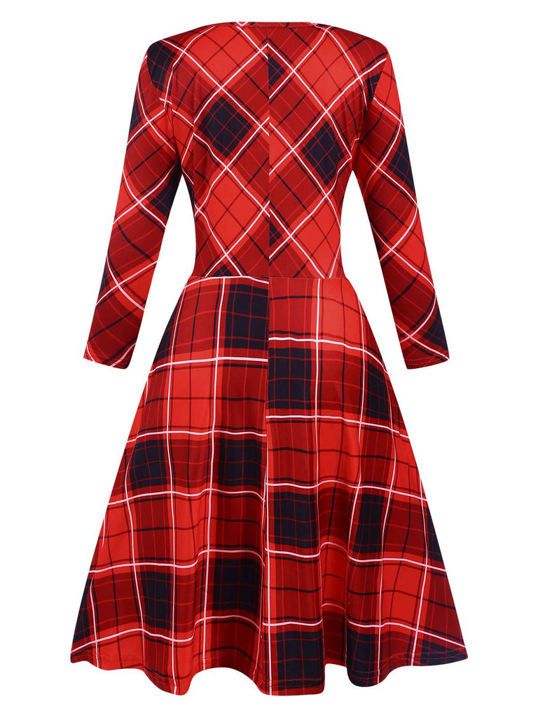 Red 1950s Crew Neck Plaid Half Sleeve Dress, vintage dress, retro fashion, rockabilly, pin-up fashion - perfect for women who love vintage and retro fashion