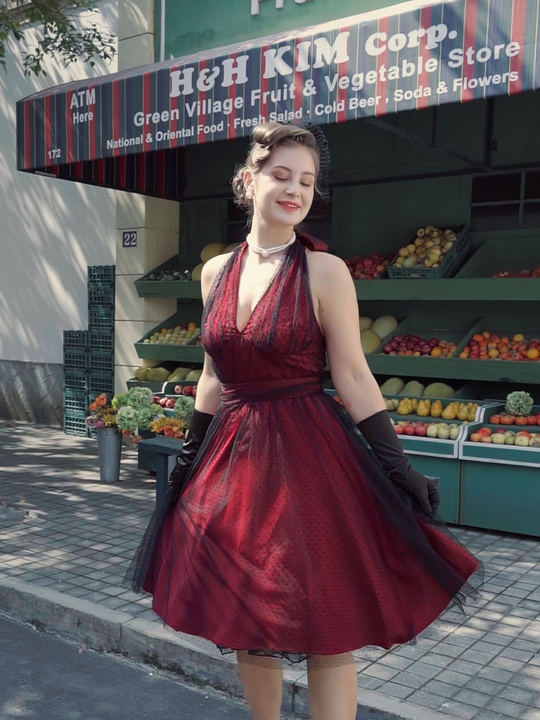 Red 1950s Dots Mesh Swing Dress: where 1950s romance meets her modern spirit