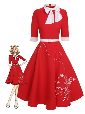 Red 1950s Elk Bow Patchwork Belt Dress: timeless style reimagined
