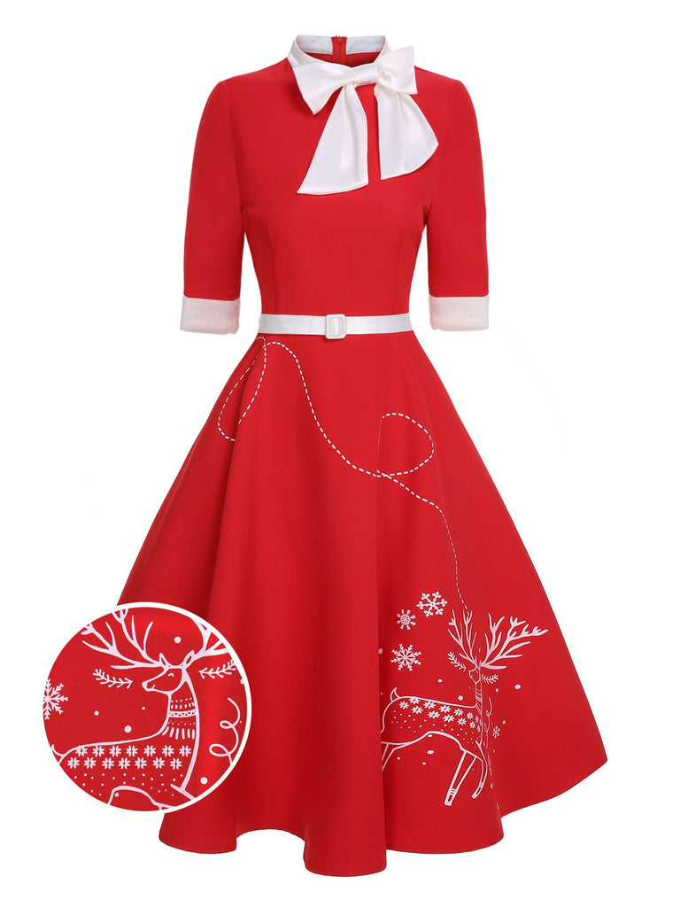 Christmas 1950s Elk Bow-Neck Patchwork Belt Dress Red | Size XXL