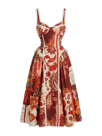 Wine Red 1950s Spaghetti Strap Patchwork Swing Dress