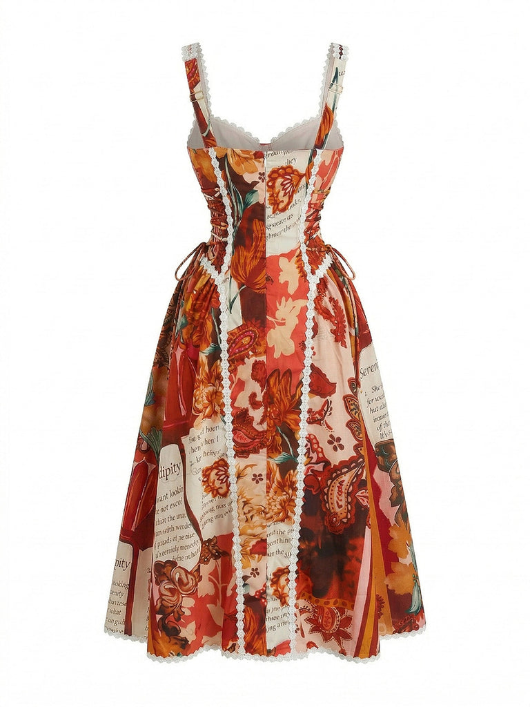 Red 1950s Floral Paisley Print Sweetheart Neck Dress