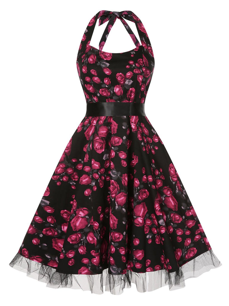 Red 1950s Floral Halter Lace Swing Dress, vintage dress, retro fashion, rockabilly, pin-up fashion - perfect for women who love vintage and retro fashion